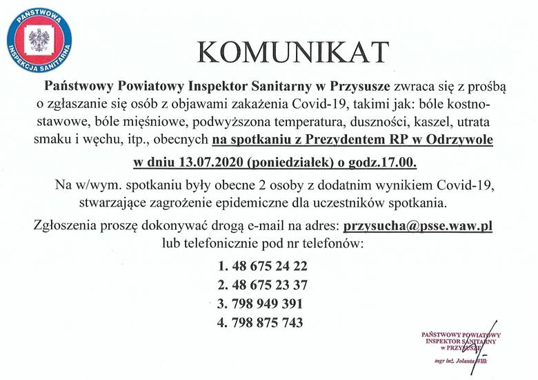 Koronawirus na wiecu Andrzeja Dudy w Odrzywole. Dwie osoby były zakażone. Sanepid prosi uczestników o kontakt