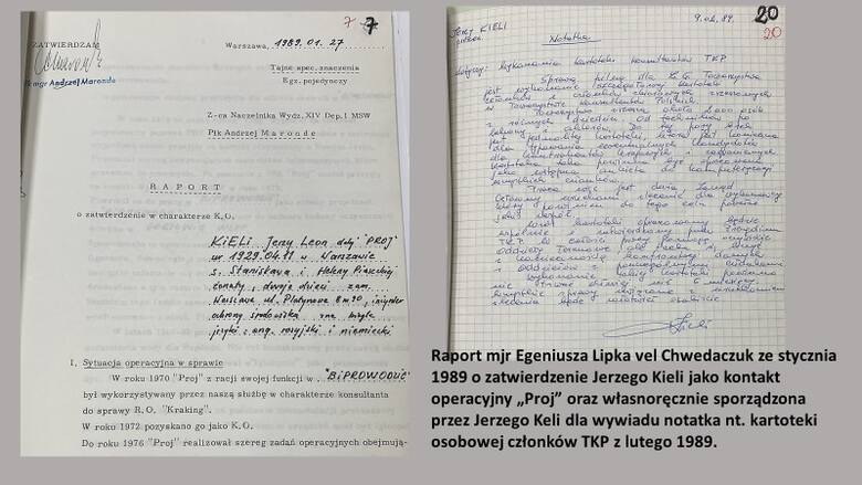 Raport majora Lipka vel Chwedaczuk z zatwierdzenia Jerzego Kieli jako KO "Proj" z 1989 r.