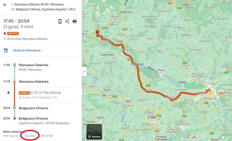 Widoczna w lewym dolnym rogu opcja stanowi nowość w serwisie Google Maps i ułatwienie dla osób planujących podróż pociągiem.