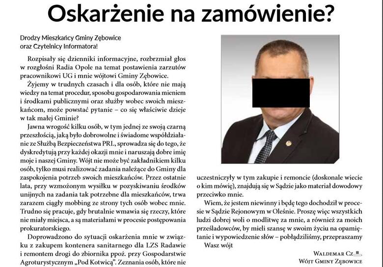 Waldemar Cz. skomentował sprawę na pierwszej stronie w wydawanym przez urząd i kolportowanym za darmo w całej gminie „Informatorze Gminy Zębowice”.