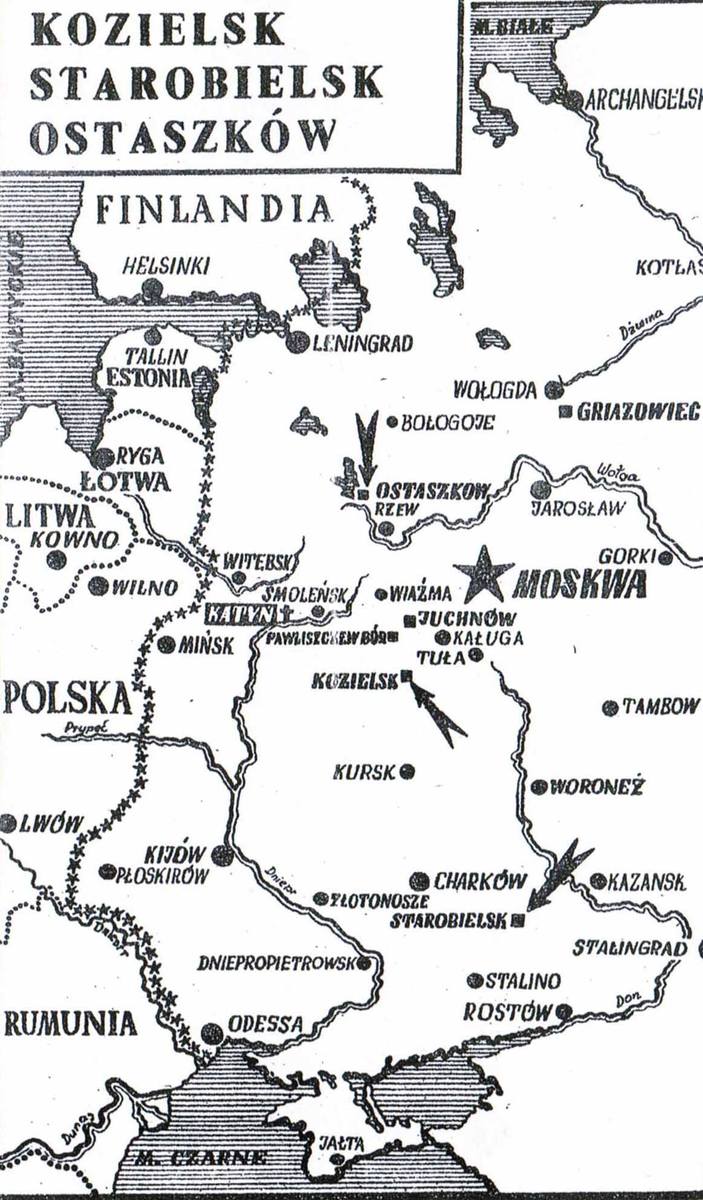 Mapa z obozami jenieckimi polskich oficerów w ZSRR