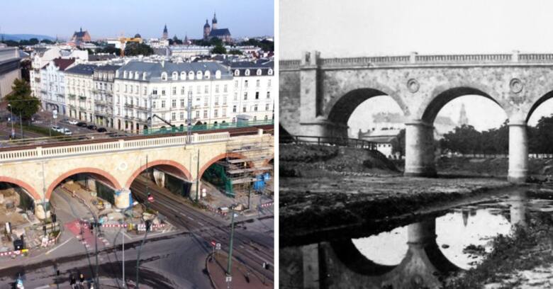 Po prawej most kolejowy nad Starą Wisłą, ok. 1865 r.; po lewej obiekt w trakcie przebudowy, stan prac sierpień 2022