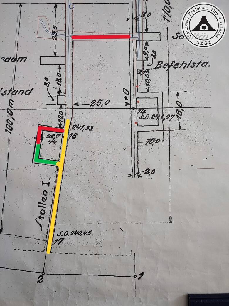 Na mapce zaznaczono kolorem żółtym prace wykonane w I etapie. Na czerwono prace z II etapu, a na zielono prace, które należy jeszcze wykonać.