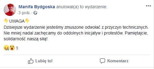 Dzisiejszy protest w Bydgoszczy został odwołany.