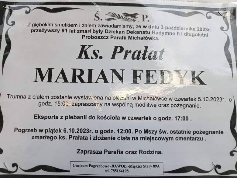 Zmarł ks. prał. Marian Fedyk, emerytowany proboszcz parafii Michałówka. Miał 91 lat