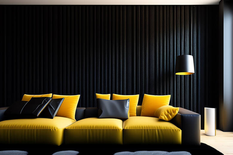 nowoczesny salon z żółtą kanapą i czarną ścianą
