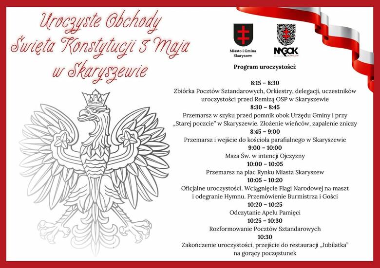 Oficjalne obchody z okazji Święta Konstytucji Trzeciego Maja w Skaryszewie. Zobacz program wydarzenia