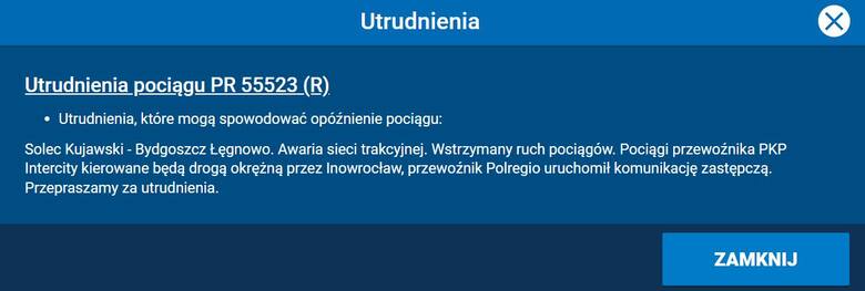 Znaczne utrudnienia na kolejowej trasie Bydgoszcz-Toruń. Zerwana sieć trakcyjna!