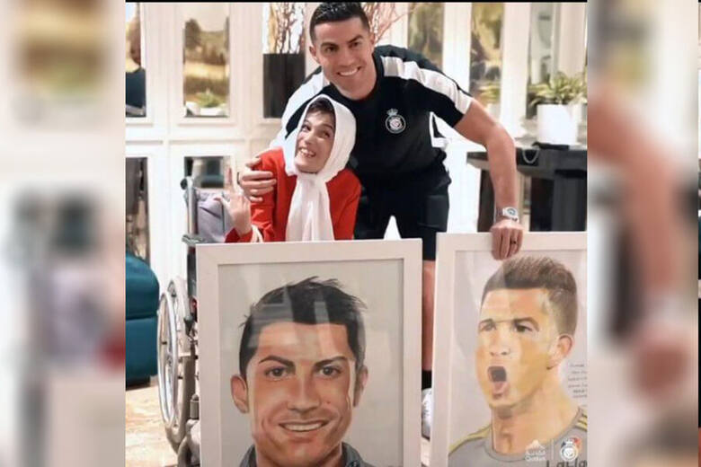 Cristiano Ronaldo z irańską niepełnosprawną artystką Fatimą Hamami, która namalowała portret 38-letniego Portugalczyka