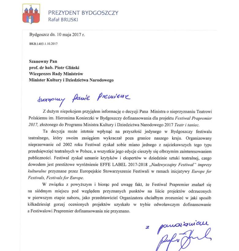 Prezydent Bydgoszczy chce wyjaśnień w sprawie braku doatcji na Prapremiery