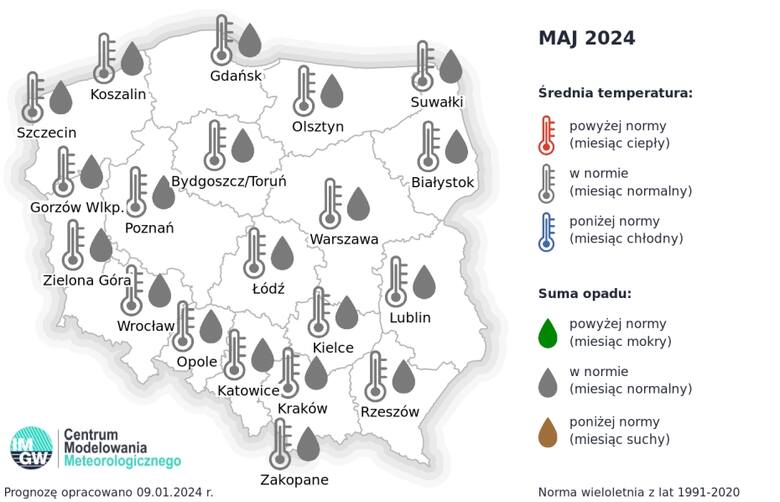 Maj 2024 - prognoza temperatury i opadu