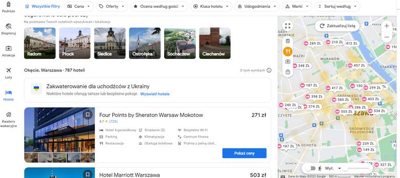 Teraz można korzystać z Hoteli Google sprawniej. Wyszukiwarka oznacza obszary miasta z interesującymi nas miejscami, np. restauracjami czy sklepami.