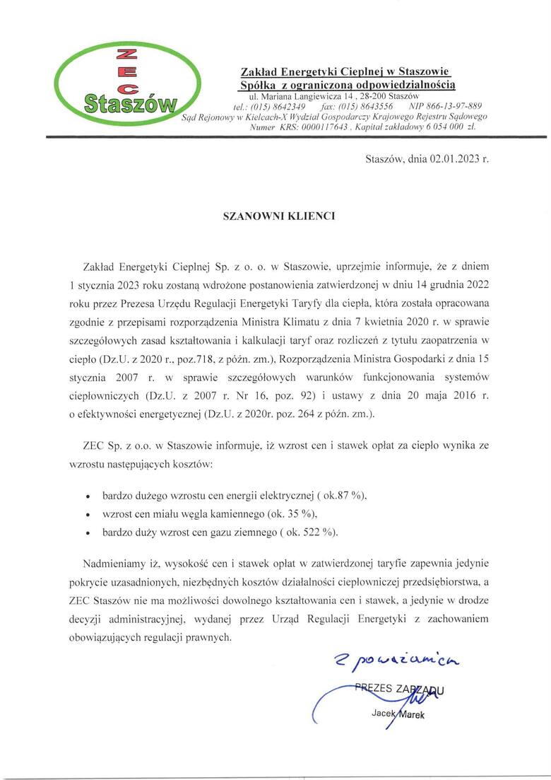 Komunikat Zakładu Energetyki Cieplnej w Staszowie 