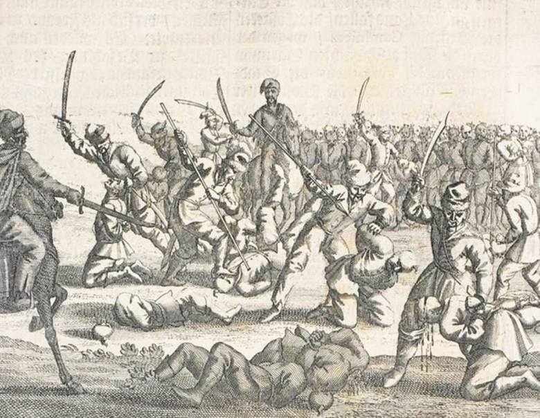 Rzeź polskich jeńców po bitwie pod Batohem. Rycina z XVIII wieku
