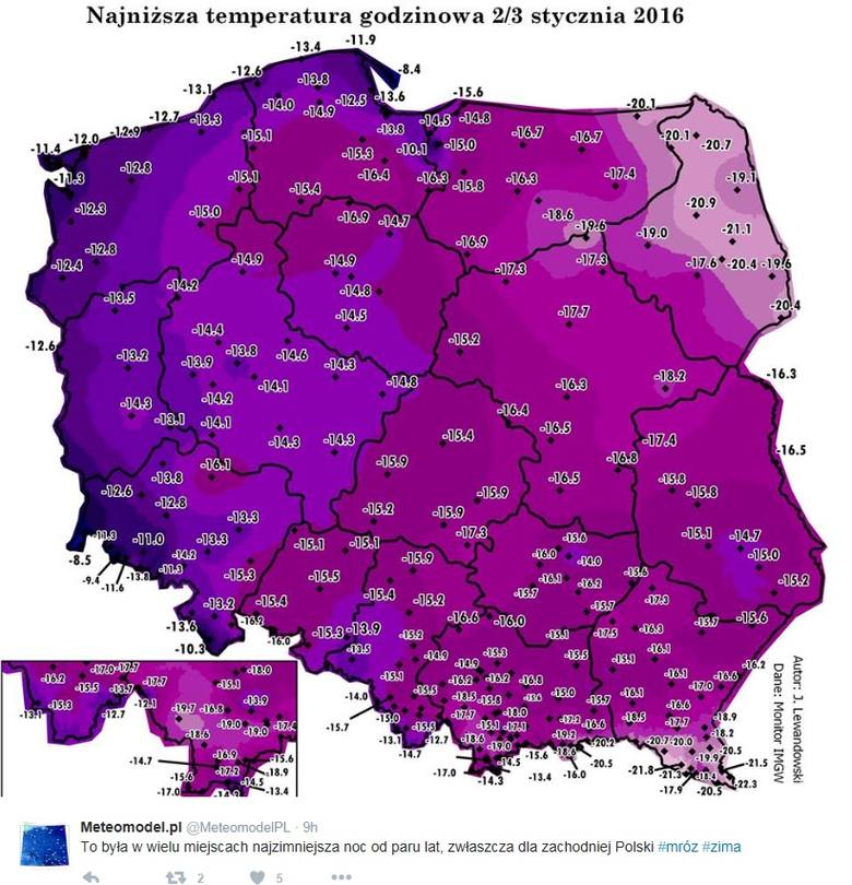 Najniższe temperatury w Polsce w nocy z 2 na 3 stycznia