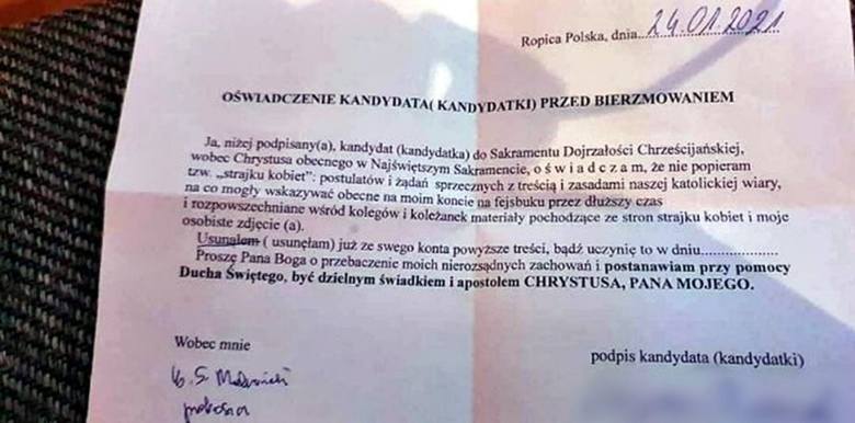 Takie oświadczenie miało podpisać troje z kandydatów do bierzmowania w parafii w Ropicy Polskiej.
