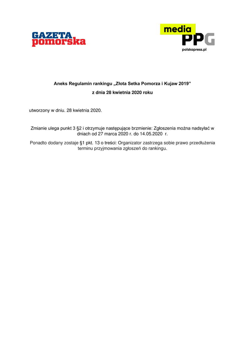 Złota Setka Pomorza i Kujaw 2019 - Regulamin [plik pdf]