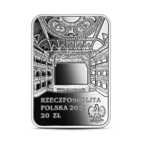 Awers srebrnej monety o nominale 20 zł poświęcony jest Teatrowi im. Juliusza Słowackiego w Krakowie