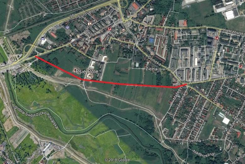 Tak przebiegałaby blisko 2-kilometrowa ul. Nowolitewska (na czerwono)
