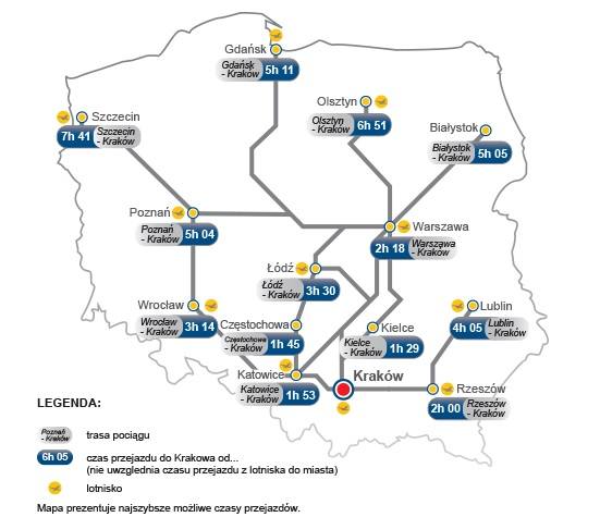 Mapka ze strony www.kolejsdm.pl prezentująca czas przejazdu pomiędzy konkretnym miastem a Krakowem.