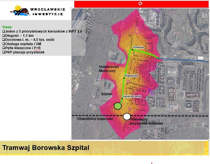 Mapa koncepcyjnej trasy tramwaju na ul. Borowską we Wrocławiu.