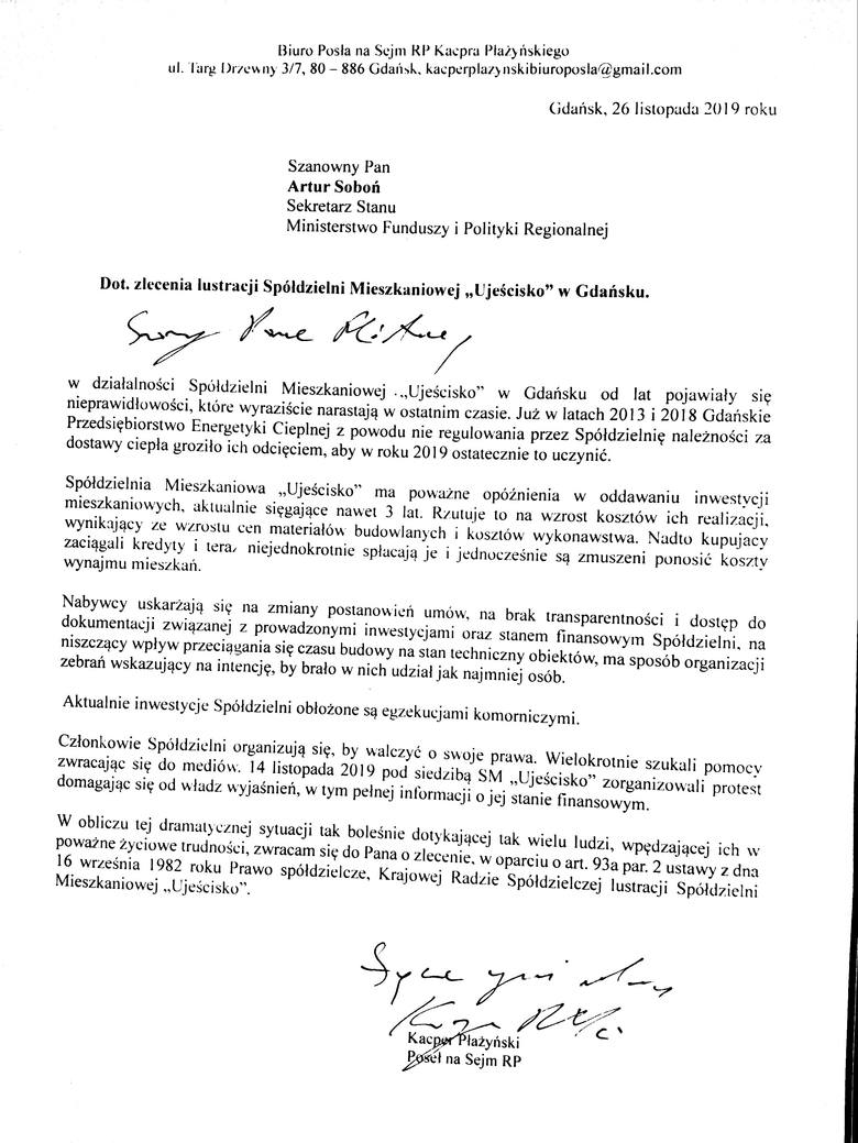 Poseł PiS Kacper Płażyński apeluje do ministerstwa o interwencję ws. Spółdzielni Mieszkaniowej Ujeścisko