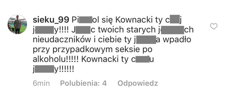 Wulgarny komentarz użytkownika na temat wypowiedzi Dawida Kownackiego.
