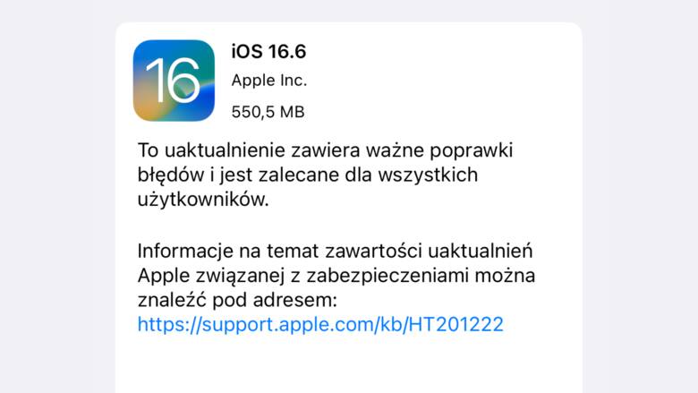 iOS 16.6 - powiadomienie o możliwości instalacji