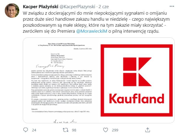 Poseł PiS Kacper Płażyński pisze do premiera ws. marketów sieci Kaufland, które mają być placówkami pocztowymi