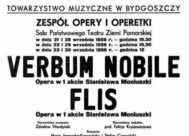 Fragment pierwszego historycznego afiszu ze spektaklu inaugurującego Studio Operowe w Bydgoszczy, 21 września 1956 r.