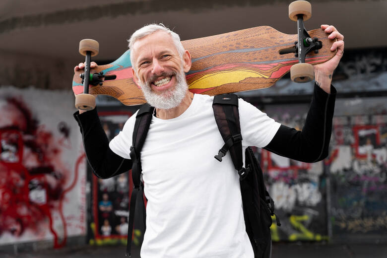 Starszy mężczyzna z brodą z deską skateboardową