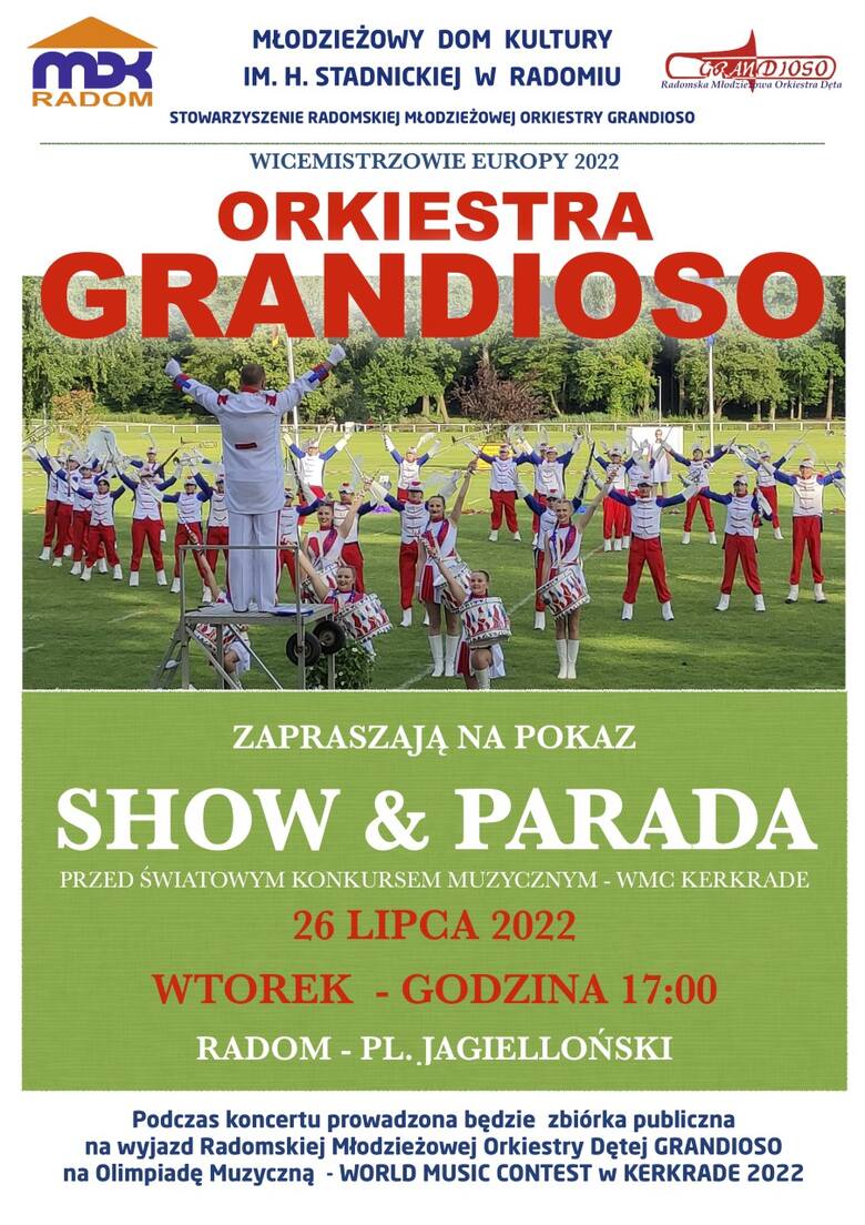Młodzieżowa Orkiestra Dęta Grandioso zaprasza na paradę. Odbędzie się na Placu Jagiellońskim