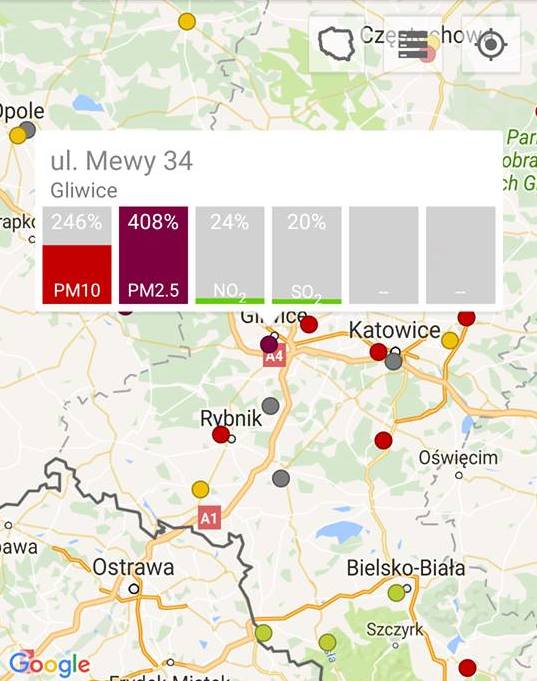 Gliwice 246 proc. pył zawieszony PM10 oraz 408 proc. pył zawieszony PM2.5 <br /> <br /> Smog w Żywcu, Tychach i Gliwicach. To właśnie w tych miastach w czwartek rano mamy najwięcej zanieczyszczeń w powietrzu. Przekroczenia norm występują w większości województwa śląskiego. Jak podają niezależne...