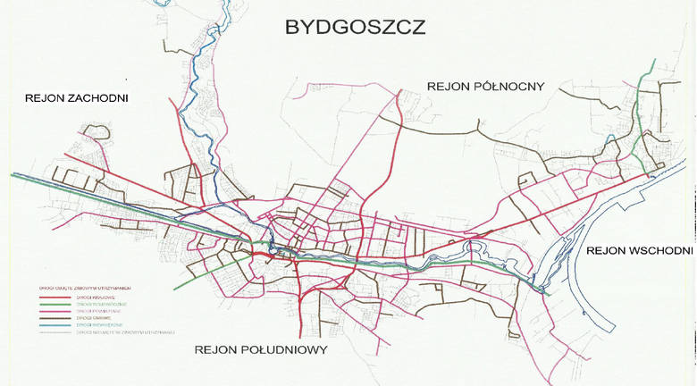 Czerwony kolor - drogi krajoweZielony - drogi wojewódzkieRóżowy - drogi powiatoweBrązowy - drogi gminneNiebieski - drogi wewnętrznepozostałe to drogi