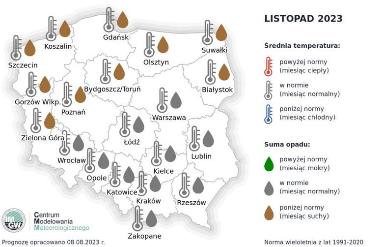 Pogoda na listopad. Na mapie przedstawiono prognozę dotyczącą średniej temperatur oraz sumy opadów w poszczególnych regionach Polski.