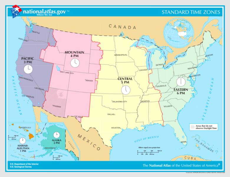 Podział stref czasowych w USA na mapie