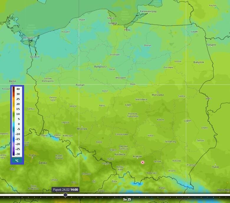 Mapa spodziewanych temperatur w Polsce na piątek 24.02
