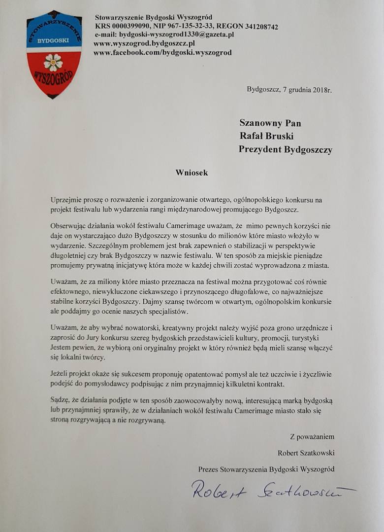 Wniosek Roberta Szatkowskiego skierowany do prezydenta Rafała Bruskiego