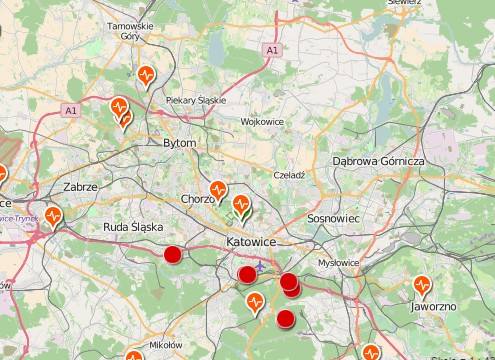 Mapa wstrząsów i stacji sejsmicznych Górnośląskiej Regionalnej Sieci Sejsmicznej