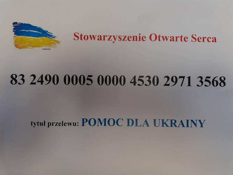 W tytule przelewu należy pamiętać aby dopisać "POMOC DLA UKRAINY"