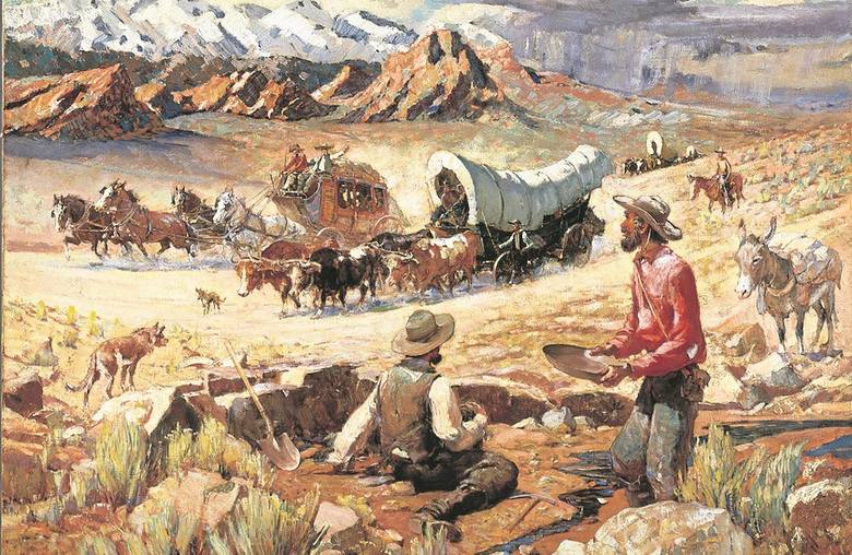 Poszukiwacze złota, a w tle karawana osadników i dyliżans. Obraz Oscara E. Berninghausa „The Forty-Niners”.