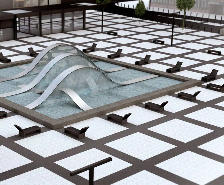 Zwycięski projekt fontanny na placu Nowy Targ z 2013 roku. Nie doczekał się realizacji.
