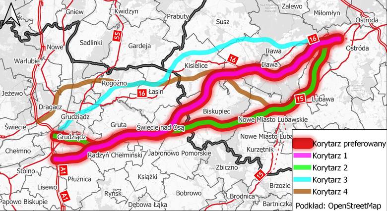 Mapa przedstawia cztery proponowane korytarze drogi ekspresowej S5. Dwa z nich, o szerokości kilku kilometrów, zostały wskazane jako preferowane.