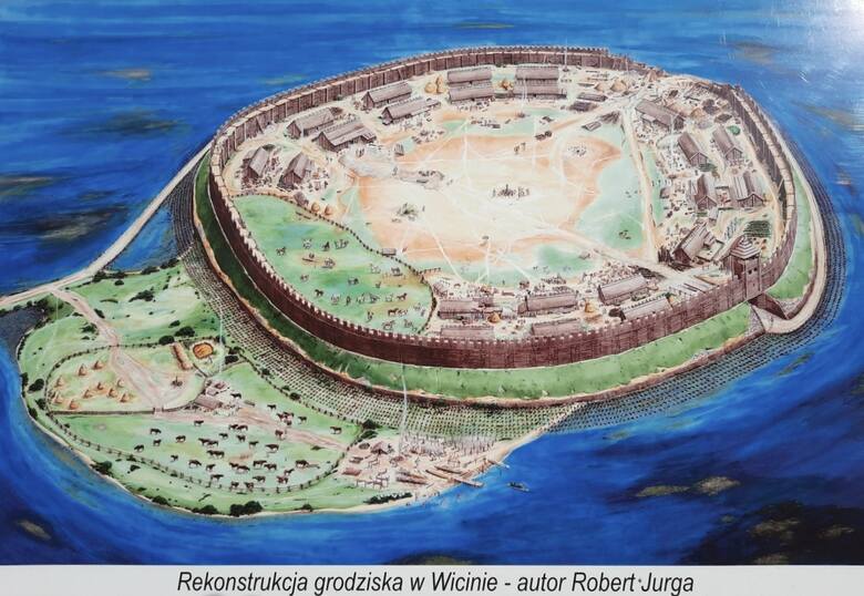 Rekonstrukcja grodu w Wicinie autorstwa Roberta Jurgi, który opierał się na ustaleniach archeologów.