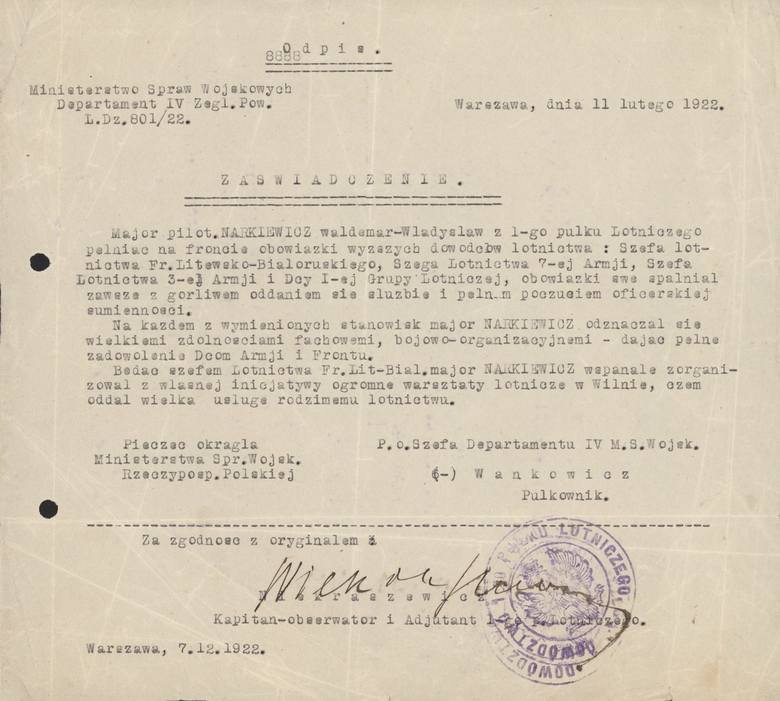 Jeden z dokumentów, jakie pozostały po majorze pilocie Władysławie Waldemarze Narkiewiczu - wystawiony przez pułkownika pilota Aleksandra Wańkowicza z Ministerstwa Spraw Wojskowych
