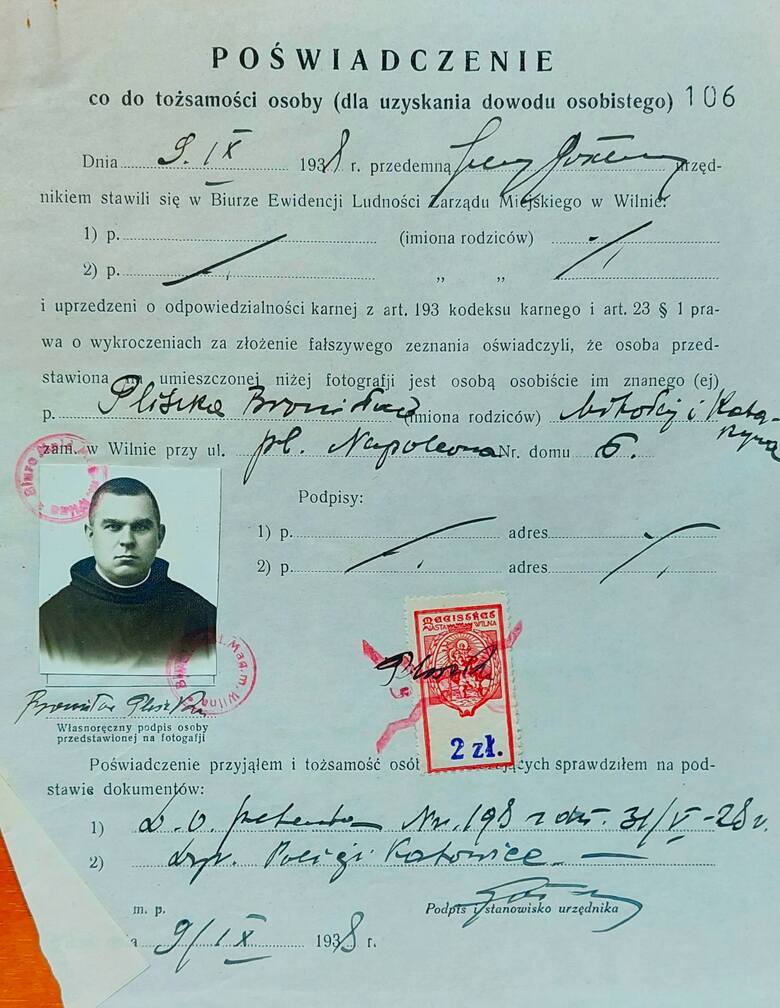 O. Bronisław Pliszka - dokument potrzebny do wyrobienia dowodu osobistego