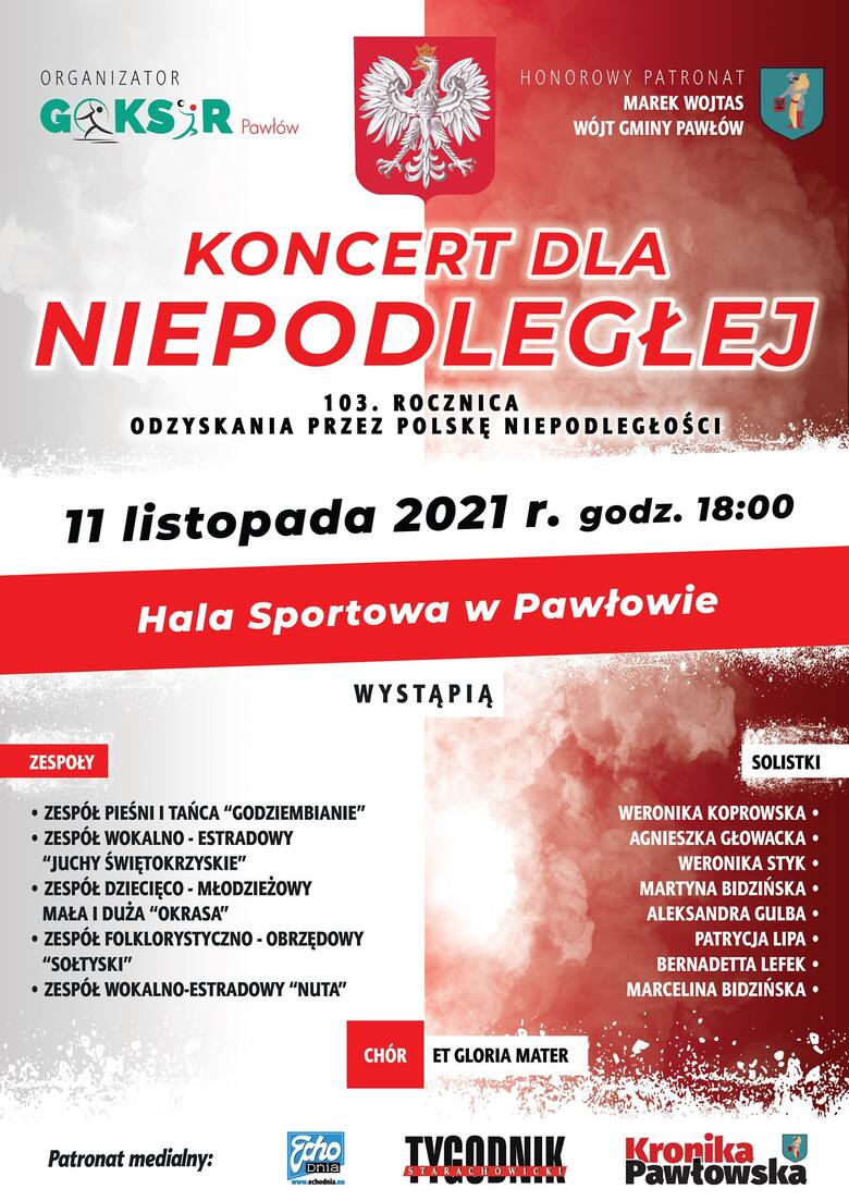 Plakat koncertu „Dla Niepodległej” w hali sportowej w Pawłowie