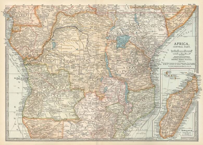 Centralna część Afryki z widoczną niemiecką kolonią w Tanganice, opublikowana w 1902 r.