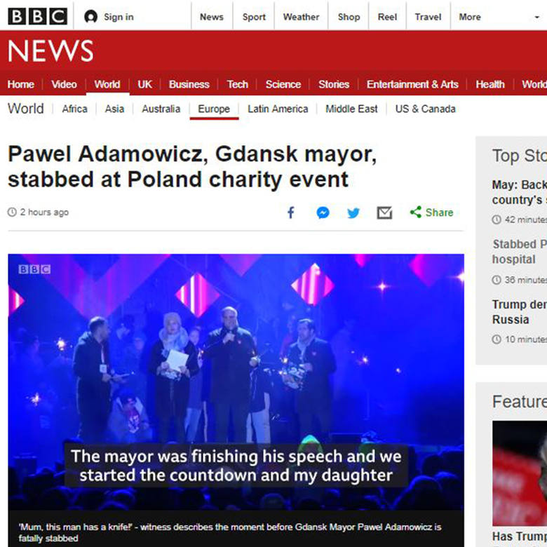 Serwis BBC podkreśla, że tuż po ataku mieszkańcy Gdańska tłumnie zebrali się w kolejce do szpitala, żeby oddać krew dla prezydenta. Portal podkreślił, że prezydent zmarł na oczach setek Polaków, którzy stali pod sceną największej imprezy charytatywnej w Polsce.<br /> <br />...