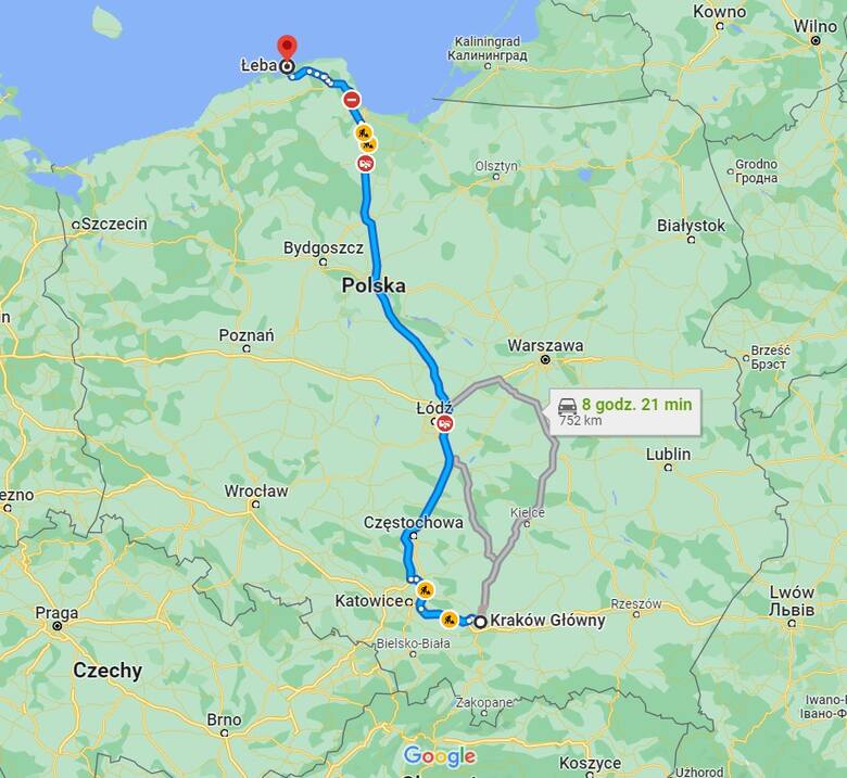 Do Łeby z Krakowa trasa do przejechania wyniesie 695 km.